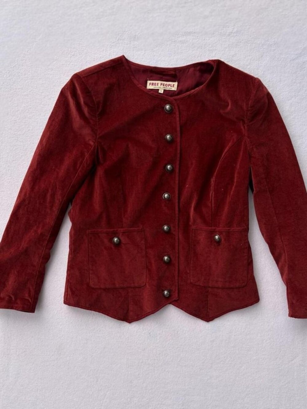 Free People Becky Garnet Red Burgundy Velvet Button Jacket Sz XL Fall Autumn